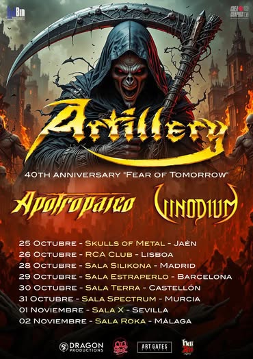 “Artillery gira España 2025 con siete conciertos celebrando el 40 aniversario de Fear Of Tomorrow. Fechas en Jaén, Madrid, Barcelona, Castellón, Murcia, Sevilla y Málaga.”
