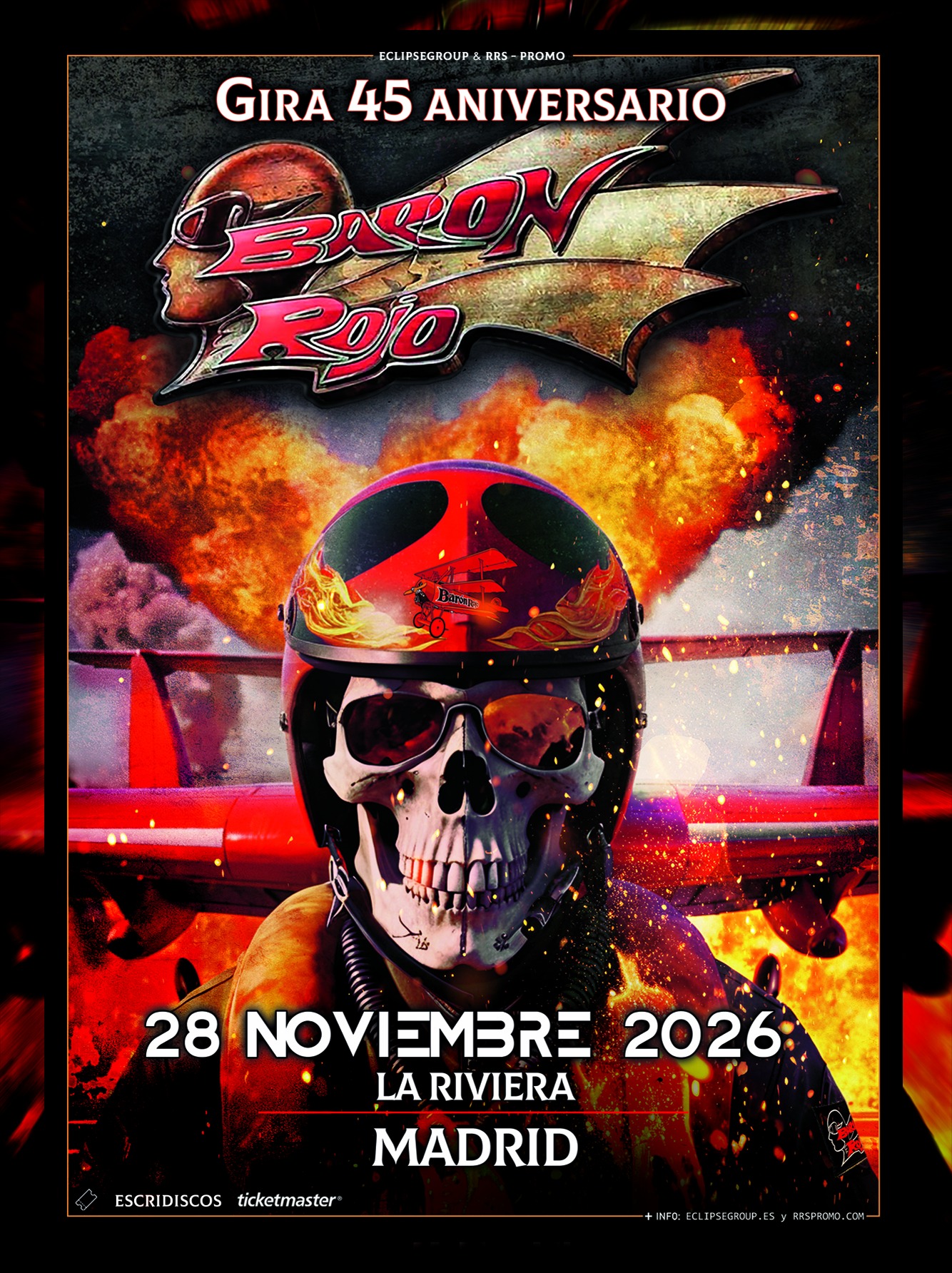 Barón Rojo celebra su 45 aniversario en Madrid el 28 de noviembre de 2025 en La Riviera. Concierto histórico repasando los clásicos del rock español.